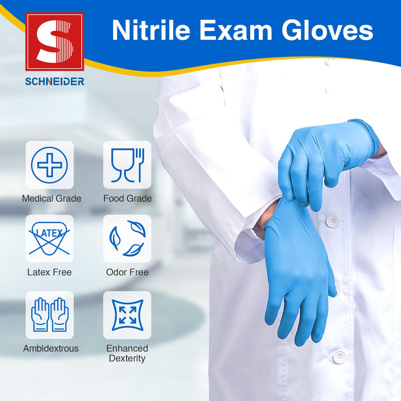[Australia - AusPower] - Schneider Nitrile Exam Gloves, Blue Disposable Gloves, Medical Grade, Food Grade, Latex Free, Powder Free 100 Medium 