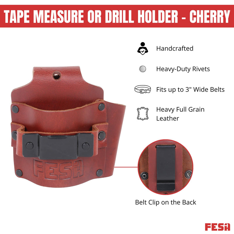 FESA Leather Tape Measure Holder - Measuring Tape or Drill Holder for Tool Belt with Steel Clip, Pencil Pocket & Heavy Duty Rivets - 2 Ways to Attach - Fits Any Belt - Handcrafted Cherry - With Hammer Pocket