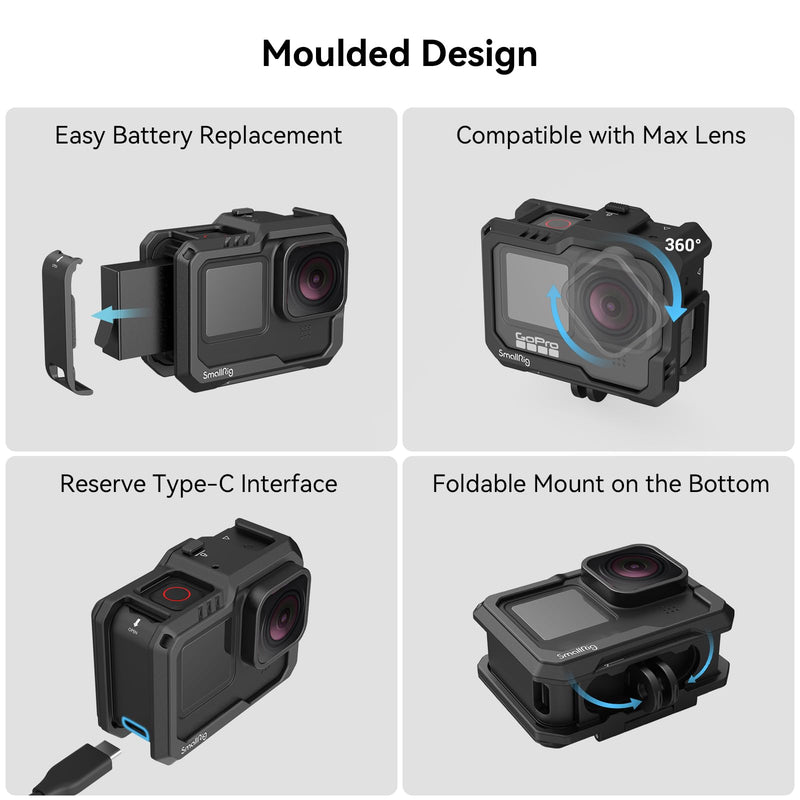 [Australia - AusPower] - SmallRig Hero12 / Hero11 / Hero 10 / Hero 9 Black Cage for GoPro, with 2 Cold Shoe Mount for GoPro Light Mod and Common Microphone, Led Video Light - 3083C 