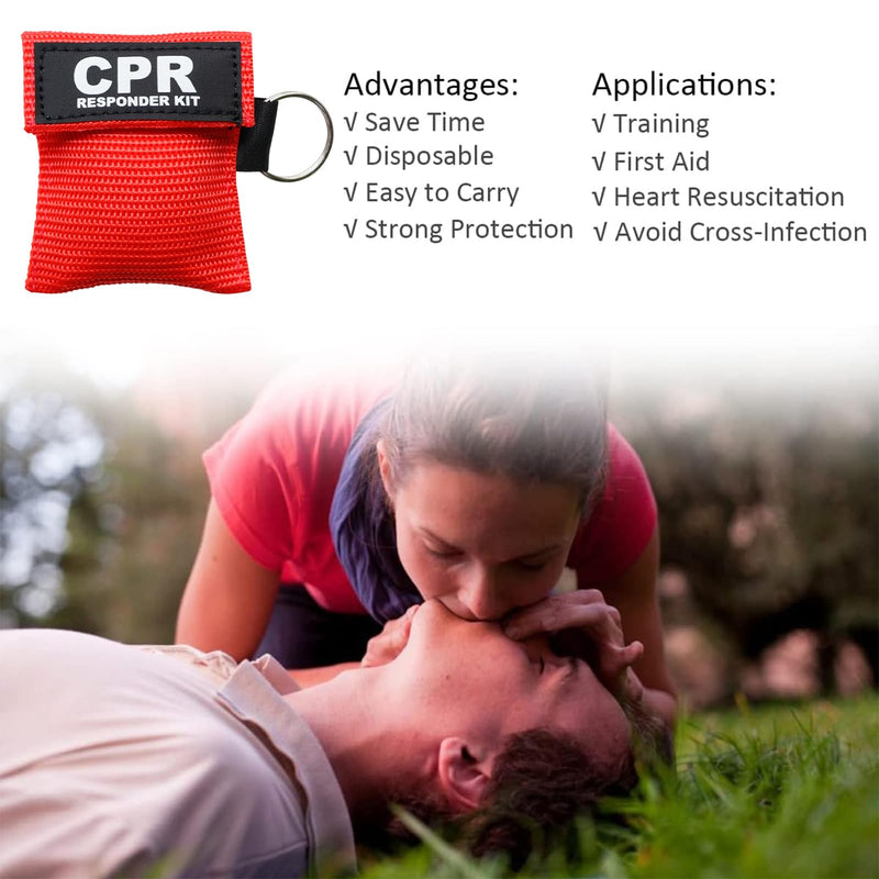 [Australia - AusPower] - AOUTACC 5PCS CPR Mask and PVC Disposable Gloves for Pocket or Key Chain, CPR Emergency Face Shield with One-way Valve Breathing Barrier for First Aid or AED Training Bright Red-5 