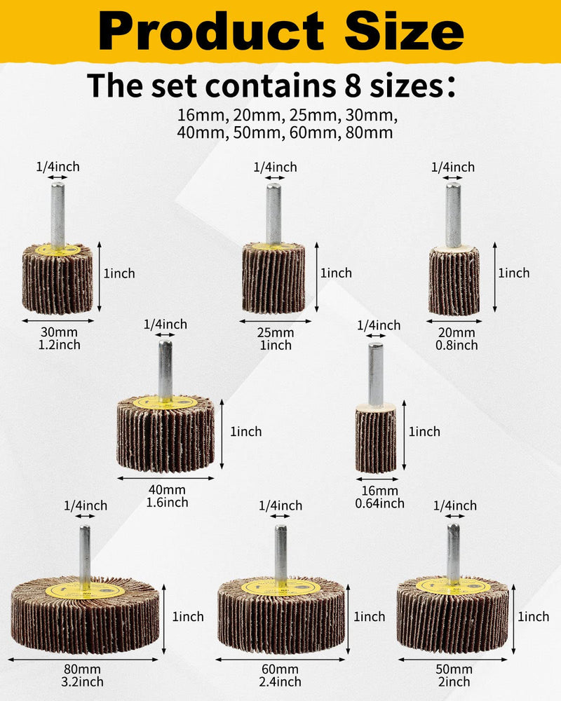 [Australia - AusPower] - 8 Pcs Flap Wheel Sander Set, 1/4" Shank 8Size Flapper Wheel, SHITIME Long-Lasting Cylindrical Shape Sanding Wheel for Removing and Polishing Rust Paint(80 Grit) 8 
