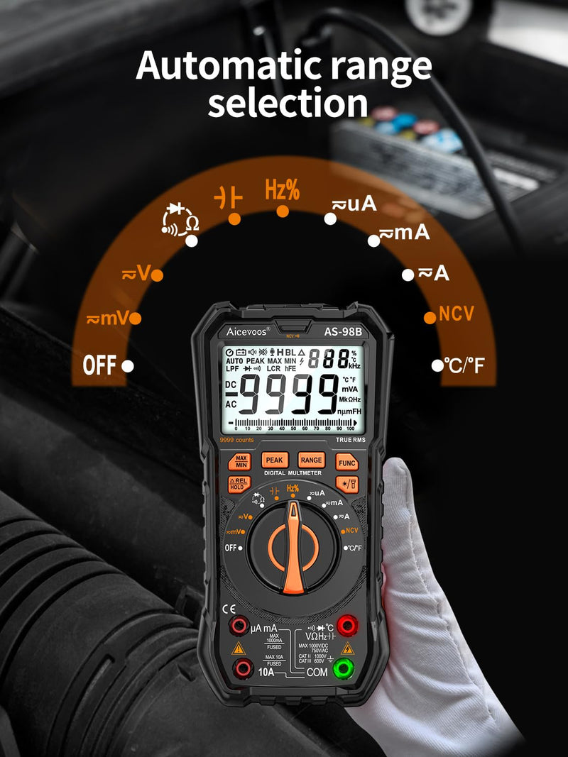 [Australia - AusPower] - Multimeter Digital Multimeter, 9999 Counts DC AC Voltmeter and Ohm Volt Amp Tester, Auto-Ranging Fast Accurately Measures Voltage Current (DC/AC Current) 