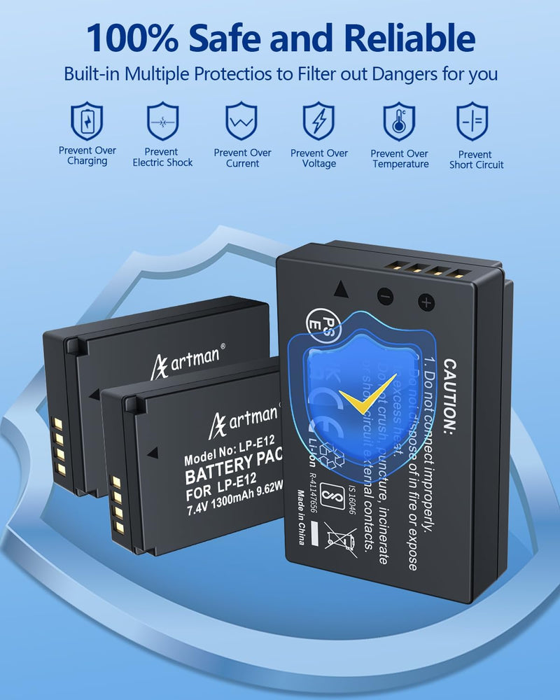 [Australia - AusPower] - FirstPower LP-E12 Battery 3-Pack and Triple Slot Charger for Canon EOS M50, EOS M50 Mark II, EOS M, EOS M2, EOS M10, EOS M100, EOS M200, Rebel SL1, PowerShot SX70 HS Digital Cameras 