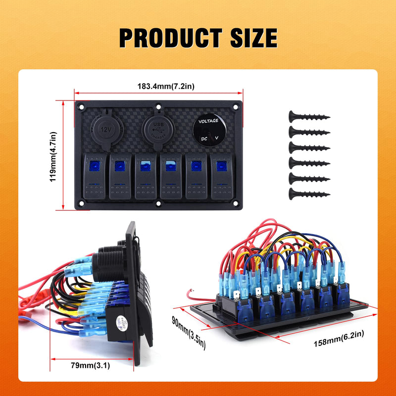 Marine Boat Switch Panel Waterproof,6 Gang Rocker Switch Panel 12V/24V with 3.1A Dual USB Charger 15A Fuse On-Off Blue LED Light Toggle Switch Also Suitable for Automotive Car RV UTV Truck Plastic-LED blue 6 gang