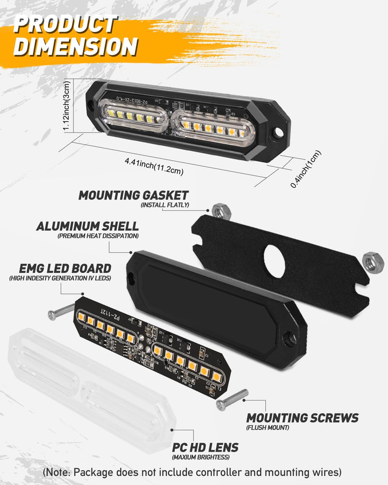 HLauto 1200T Emergency Strobe Grille Lights: 8pcs 12 LED Sync Feature Safety Warning Flashing Lights, Ultra Slim Surface Mount Hazard Caution Lights for Trucks, Vehicles, Car, ATV, UTV (Amber Green) Amber/Green