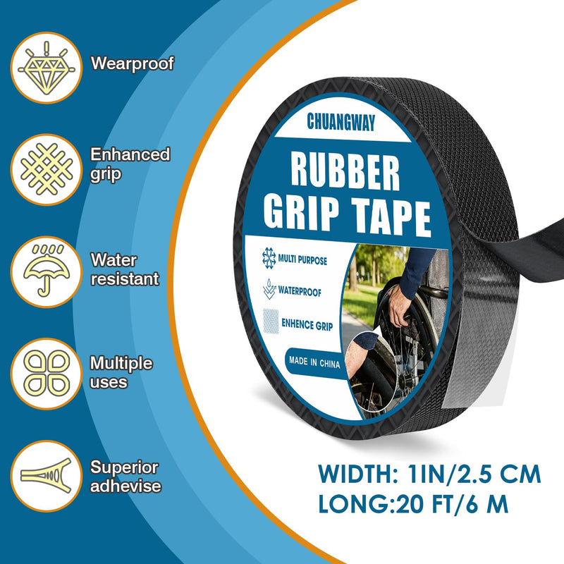 Black Rubber Grip Tape 1 Inch x 20 Ft Non-Abrasive Anti-Slip Tape for Handrails Strong Adhesive Waterproof Heat Resistant Handlebar Wrap Cushion Grip for Tools Stairs Bicycle Handle (1inch X 20ft) 1inch X 20ft