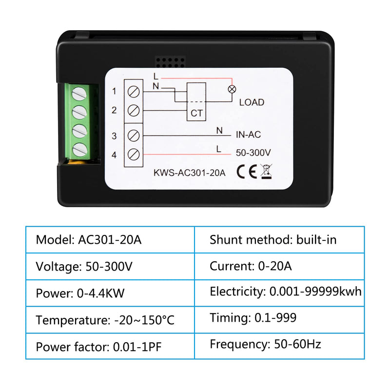 [Australia - AusPower] - AC 50-300V 0-20A Ammeter Voltmeter 110V 220V AC Multimeter 110V 220V 8 in 1 Multifunction LCD Display Digital Current Voltage Power Tester Electric Energy Monitor 20A 