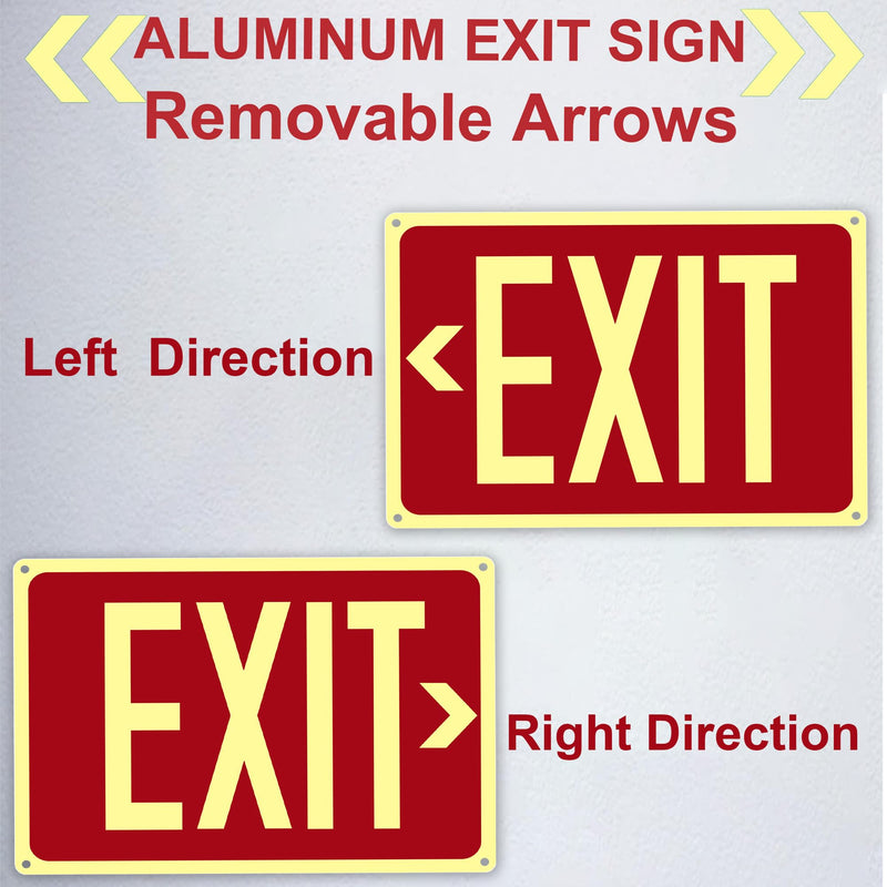 2Pack Photoluminescent Exit Sign Aluminum - 14x10 Inches Glow In Dark Exit Sign with Adhesive Backing - Removable Arrows Included - Non Electrical Red Exit Light For 50 Feet Visibility 14"X10"-2PACK