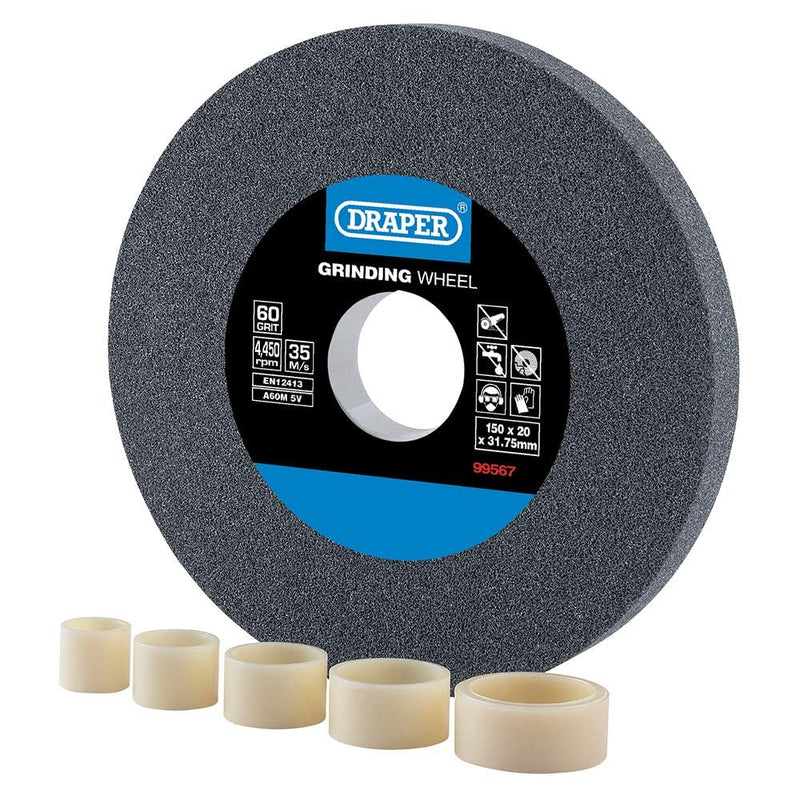 Draper Tools Expert 150 x 20mm Aluminum Oxide Sanding Disc | For steel and non-ferrous metals, 60 grit, 31.75 mm bore, 5 reduction rings