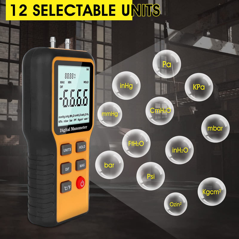 [Australia - AusPower] - Manometer Gas Pressure Tester, Digital HVAC Manometer Dual-Port Air Pressure Meter with Backlight and Data Record Function, Professional Differential Pressure Gauge with 12 Measure Units 