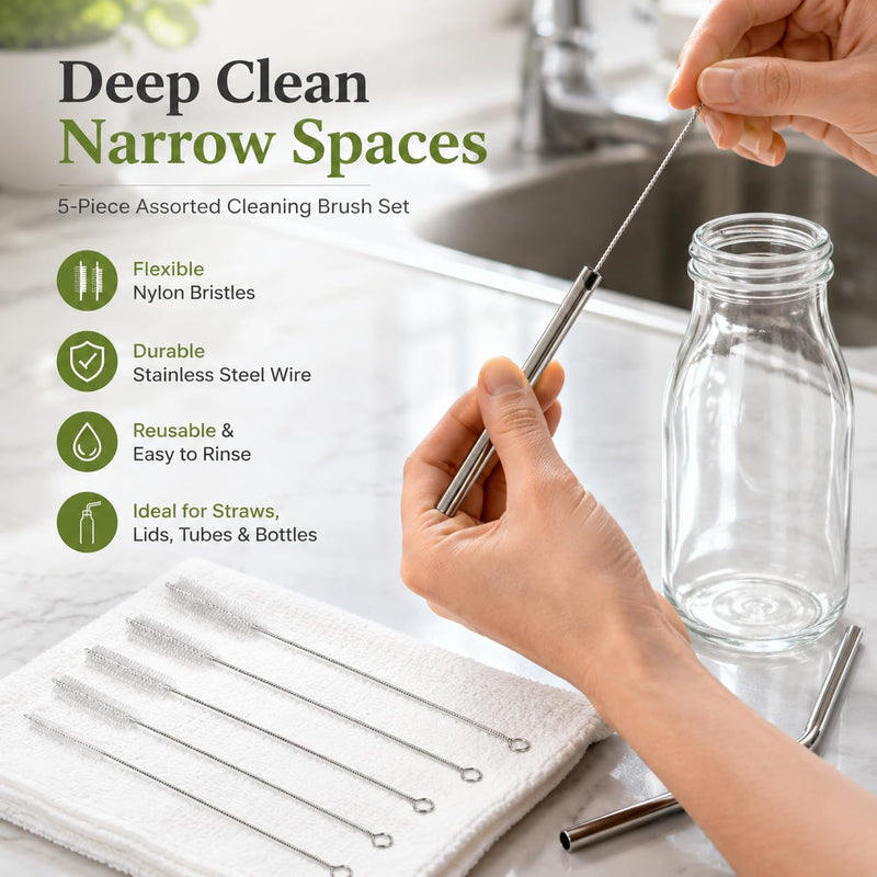 5-Piece Tube Brush Set with Wooden Handle - T-shaped Cleaning Brushes Diameter 8/12/15/20/25 mm - Stainless Steel Brushes for Drilling Holes, Pipes, Straws, Bottles, Kettles and Hard to Reach Place