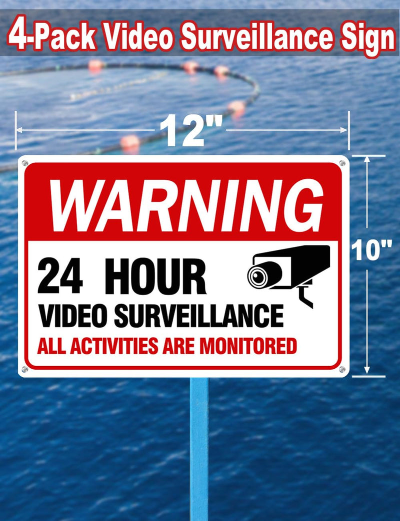 Video Surveillance Sign, 4-Pack 12"x 8" Security Camera Signs, Reflective and Waterproof Material 24 Hour Surveillance Sign For Home/Business sing-02-Red 4 Packs