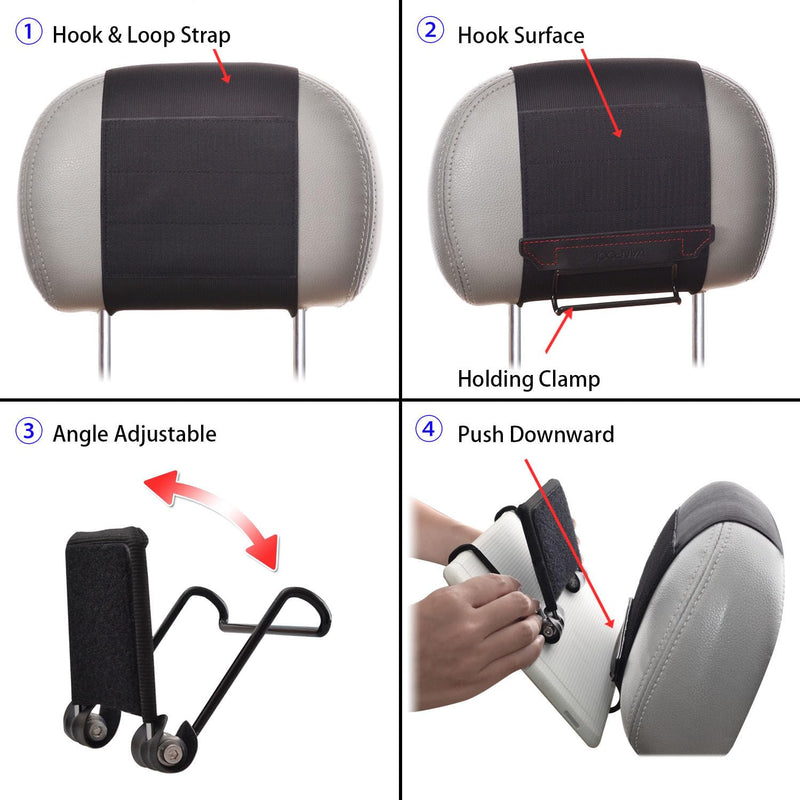 Universal Car Headrest Mount Holder with Angle-Adjustable Clamp - for Use with iPads, Galaxy Tablets and More