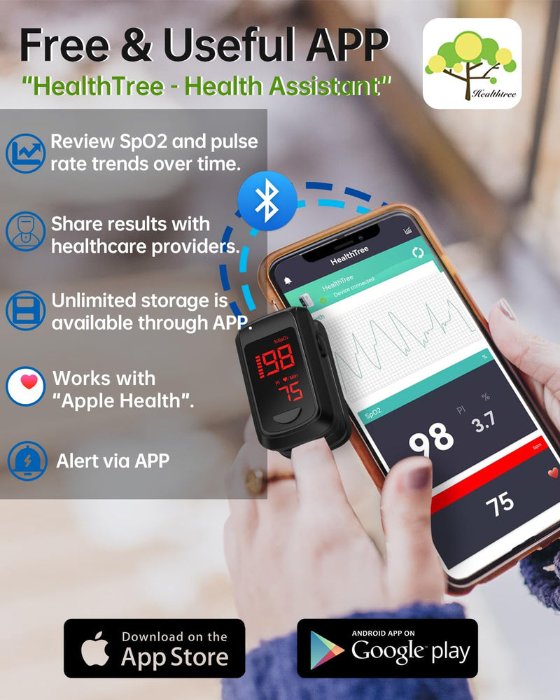 [Australia - AusPower] - Fingertip Pulse Oximeter- HOLFENRY Pulse Oximeter Bluetooth Oximeter Oxygen Saturation Monitor for SpO2/Heart Rate/PI, with Auto Graph Display/Alarm/Dedicated App, Compatible with iOS&Android Black 