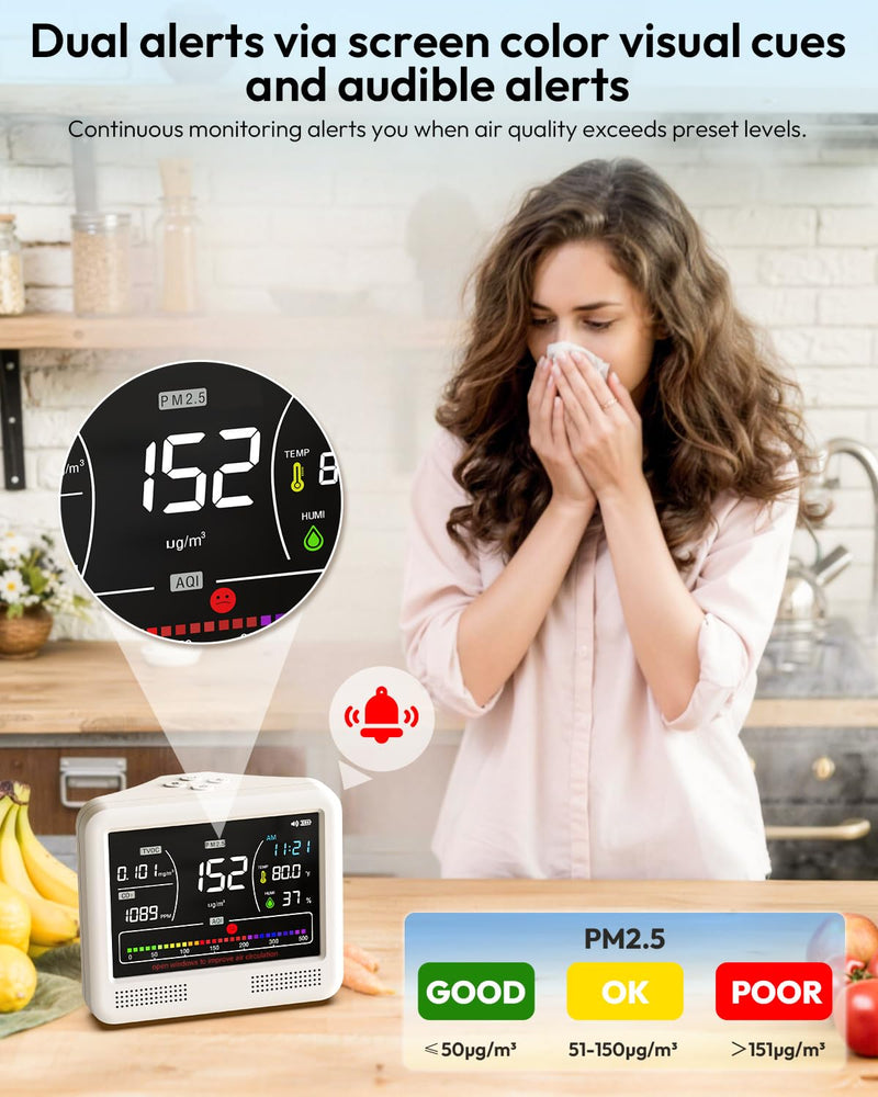 [Australia - AusPower] - Air Quality Monitor Indoor, 16 in 1 Air Quality Tester for CO2 Monitor, TVOC, PM1.0 PM2.5 PM10, HCHO Temperature Humidity & Time, AQI Monitor with Alerts for Home (PureWhite) PureWhite 