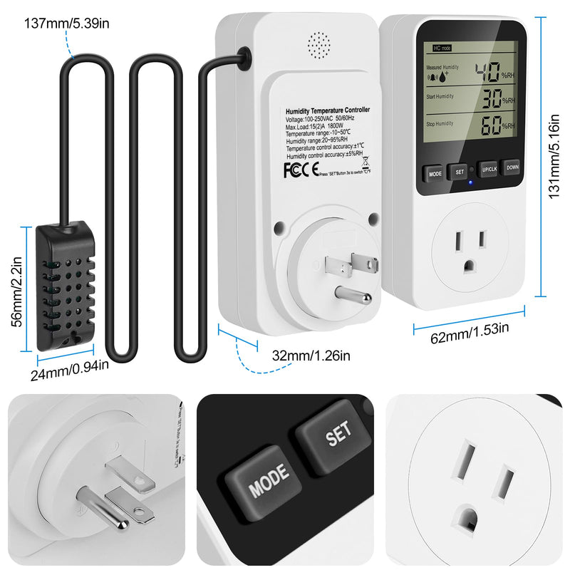 [Australia - AusPower] - Temperature and Humidity Controller Plug in Thermostat Outlet with Humidity Control 120V Heating Cooling Humidification Dehumidification for Greenhouse Mushroom Grow Tent Reptile Aquarium Htc820 