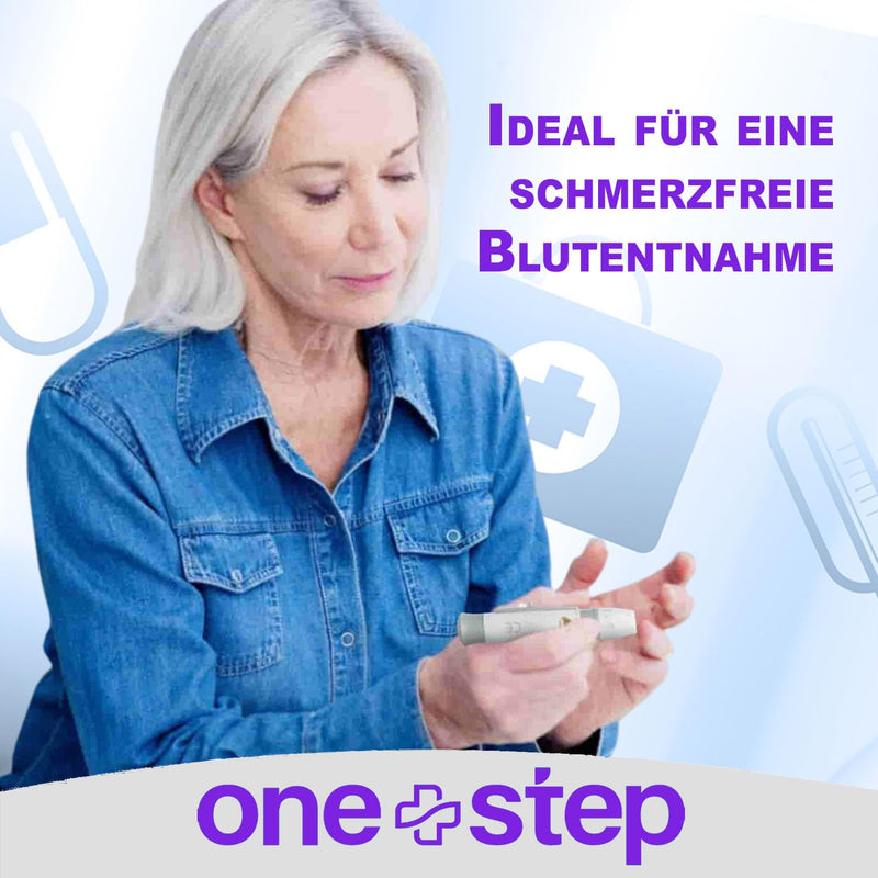100 x One+Step Ultra-Fine Lancets for All Standard Lancing Aids I Special Cut with 30 G Needle for Virtually Painless Blood Removal I Sterile Blood Lancet I Ideal for Diabetics