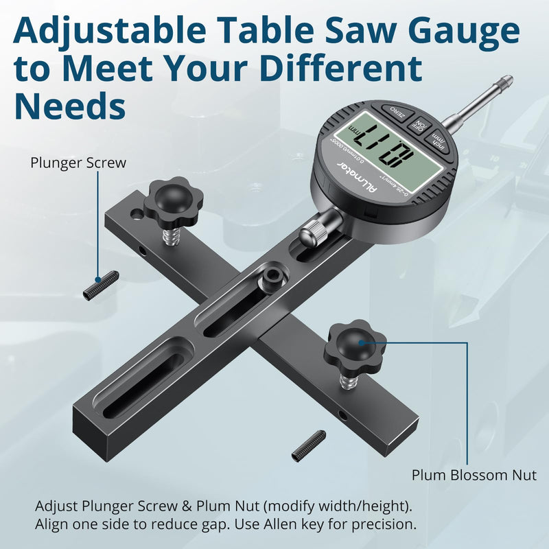 Table Saw Alignment Tool with Digital Dial Indicator,0.0005" Precision Calibration Gauge for Blade,Fence & Arbor Runout,Fast Setup CNC Aluminum Design,Fits Standard 3/4" (19mm) Miter Slots Black 0-1 Inch