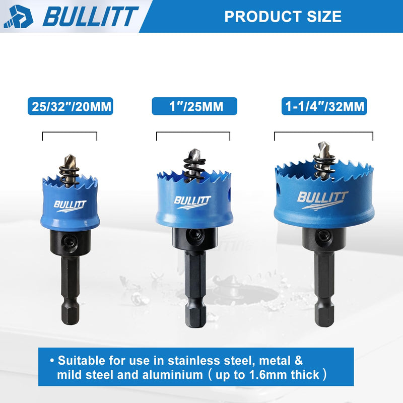 BULLITT 3PCS Impact Hole Saw Set, 25/32",1",1-1/4" (20,25,32MM) Metal Hole Saw Kit Hex Shank M42 with 8% Cobalt Teeth,Heavy Duty,Perfect for Drilling Thin Metal,Stainless Steel,and Aluminium