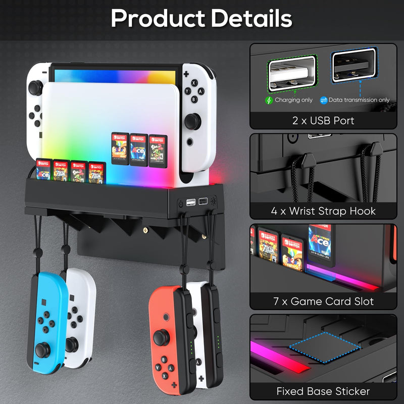 [Australia - AusPower] - Switch Wall Mount for Nintendo Switch and Switch OLED,Game Holder Stand with RGB Light,Console Shelf for Charging Dock,7 Game Card,4 Controller JoyCon Accessories Kit Storage Black 