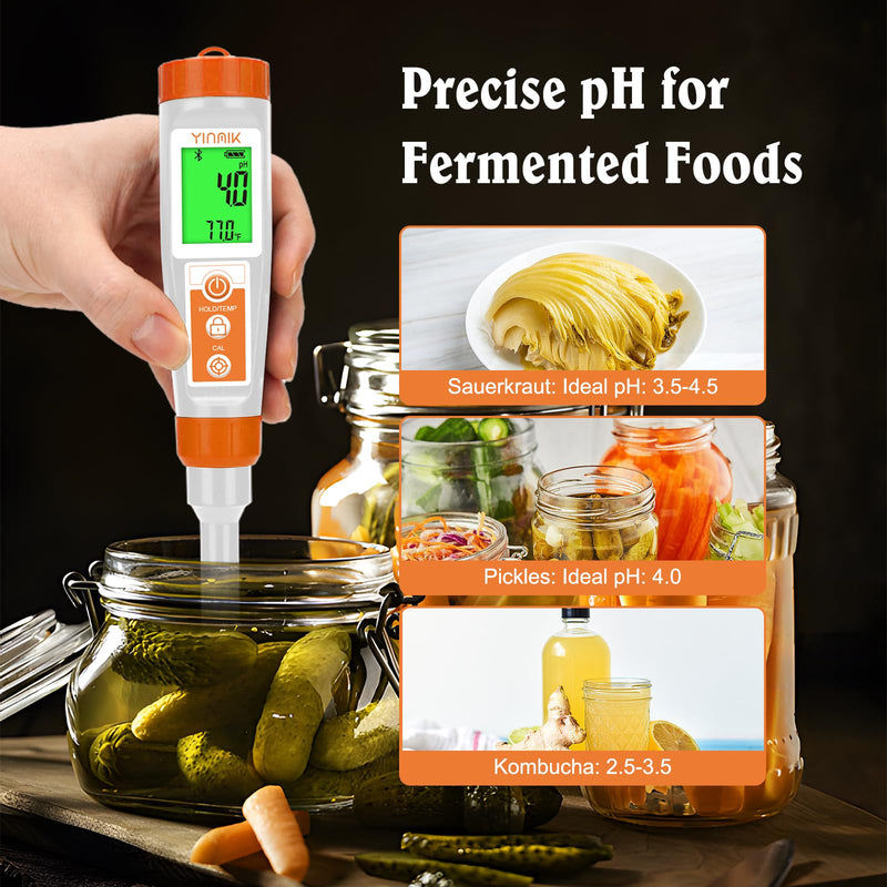 Smart pH Meter for Food - Digital pH Tester with All Accessories | YINMIK Lab pH Meter | pH Thermometer for Food | Professional pH Reader for Hot Sauce, Dough, Cosmetic, Fermentation, Kombucha, Wine