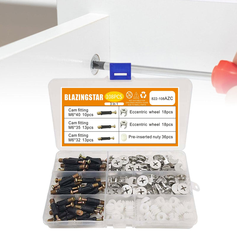 Cam Locks- Eccentric Wheels Cam Locks for Furniture Connecting Cam Lock Fittings, 3 in 1 Cam Connector Bolt Fittings Fasteners Hardware Parts Nut & Bolt Assortment Sets 108pcs