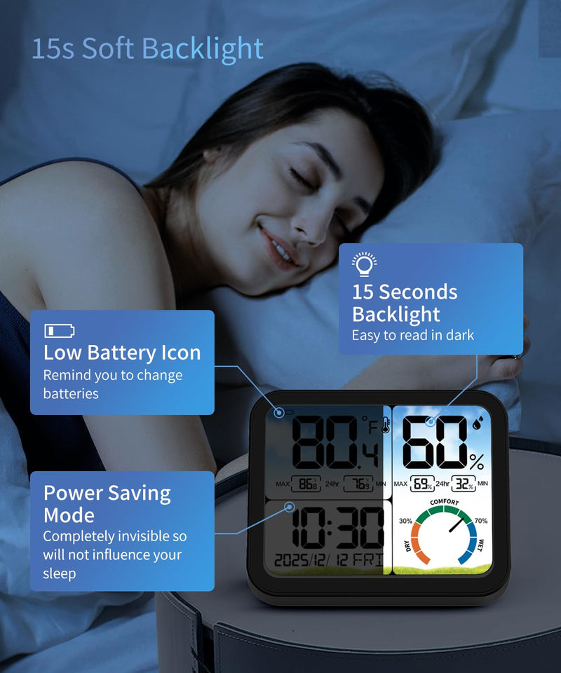 [Australia - AusPower] - VOCOO Digital Indoor Room Thermometer - 5.8'' Extra Large Display Temperature Humidity Sensor with Accurate Temp Humidity Gauge Monitor, Calibration, Max & Min Records, Comfort, Backlit, Date & Clock Black 