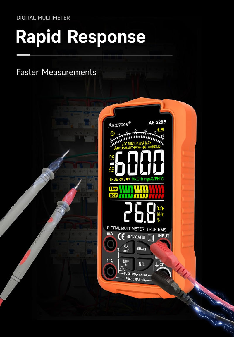 [Australia - AusPower] - AS-228B Smart Digital Multimeter, Auto-Ranging Volt Meter, TRMS 6000 Counts Voltage Tester Measures Voltage, Capacitance, Frequency, NCV, Ohm, Continuity, Diode, Live Wire for DIY 
