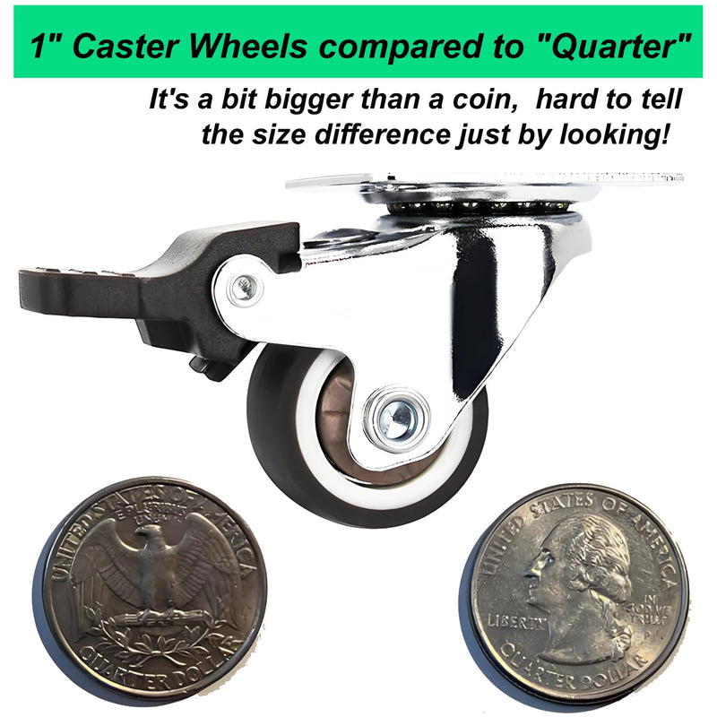 [Australia - AusPower] - 1" Low Profile Small Caster Wheels Set of 4 (2 Brakes+2 Non) 100 lbs Capacity,Quiet TPR Rubber Casters for Furniture, Cabinets&Laundry Carts, 360° Swivel, Scratch-Proof Floors 1" Top Plate 