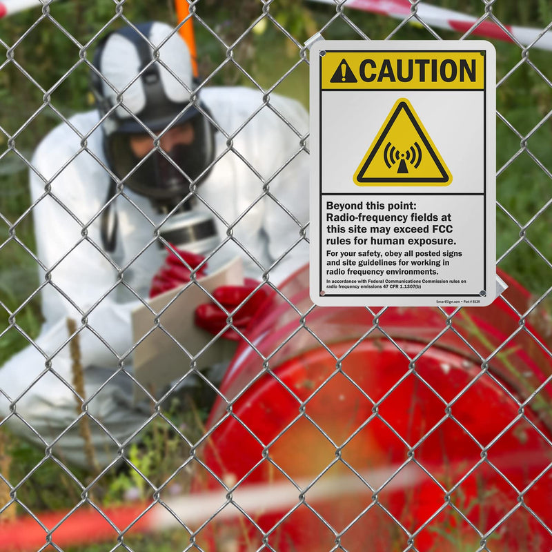 SmartSign 10 x 7 inch “Caution - Beyond This Point: Radio-Frequency Fields May Exceed FCC Rules for Human Exposure” ANSI Metal Sign, 40 mil Laminated Rustproof Aluminum, Yellow, Black and White