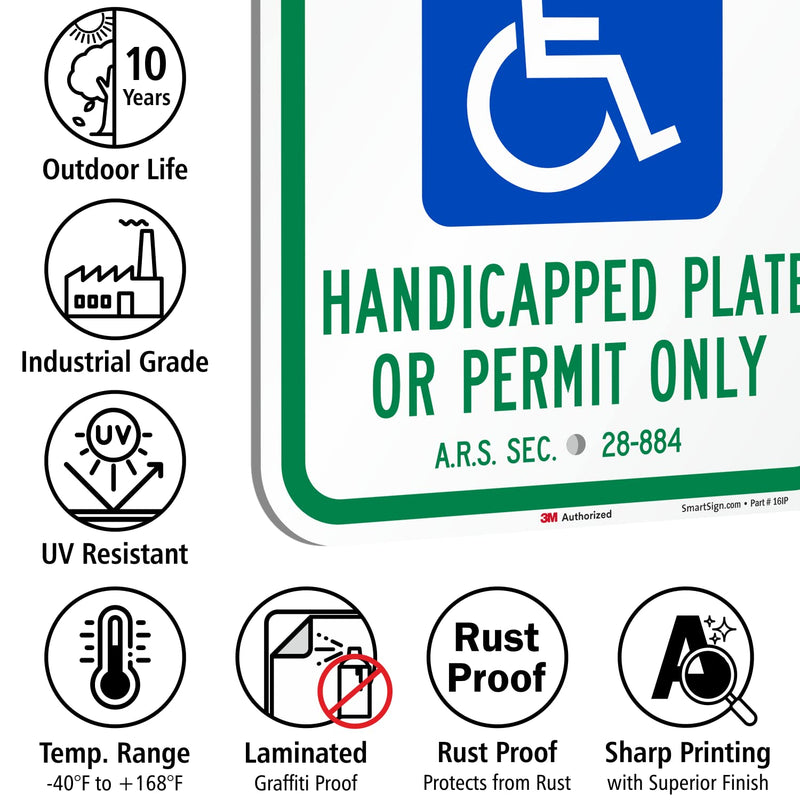 SmartSign "Reserved Parking - Handicap Plate Or Permit Only" Official Arizona Sign | 12" x 18" 3M Engineer Grade Reflective Aluminum