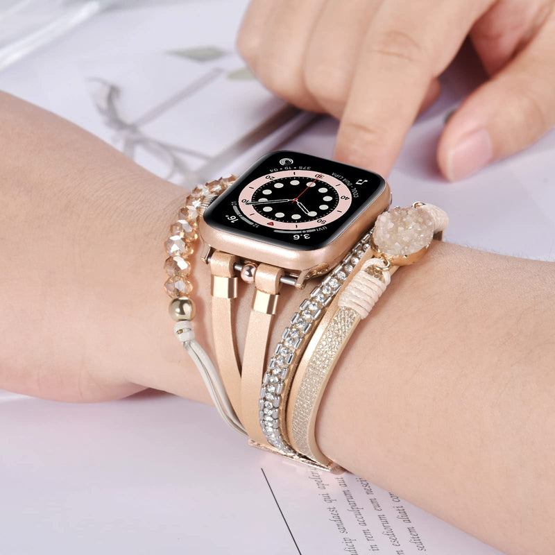 [Australia - AusPower] - VISOOM Beaded Boho Bracelet Compatible for Apple Watch Band 40mm/38mm/41mm Series 9 8 7 SE Series 6/5/4 Women Leather Handmade Multilayer Wrap Watch Strap for iWatch Bands 3/2/1 Replacement Khaki 38mm/40mm/41mm 