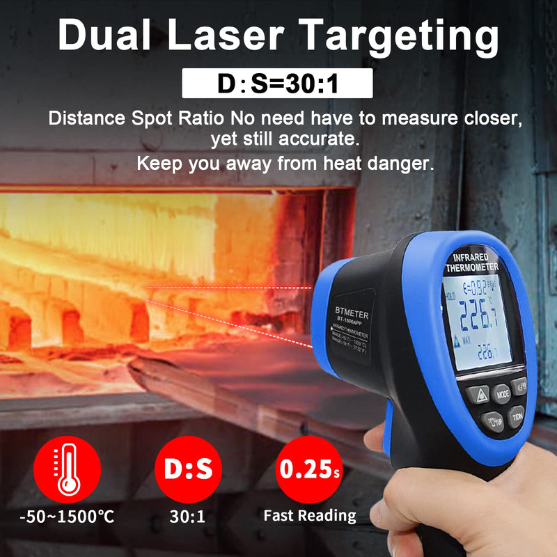 [Australia - AusPower] - BTMETER Infrared Thermometer Gun, Dual Laser 30:1 Industrial Temperature Meter Measure High Temp -58 to 2732 Degree Fahrenheit for HVAC Grill Kitchen Pizza Oven BT-1500APP 【Not for Human】 