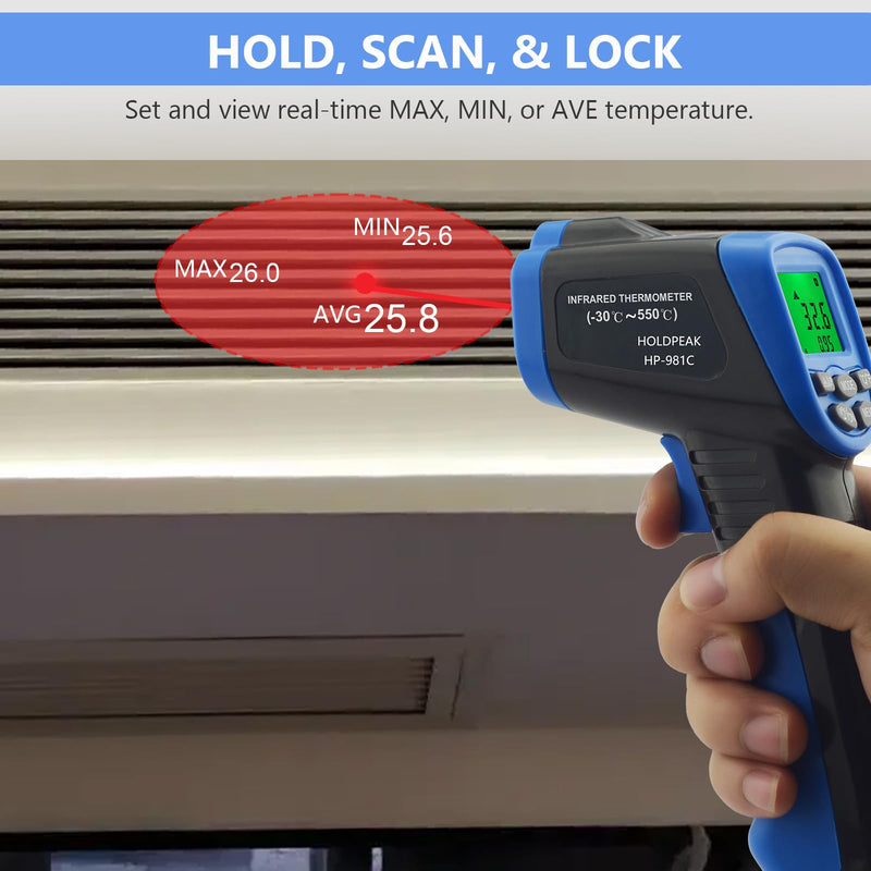 [Australia - AusPower] - HOLDPEAK 981C Digital Laser Infrared Thermometer Non Contact, IR Heat Temperature Gun Instant-Read -58 to 1022℉ (-50 to 550℃) for Cooking, Grill, Pizza Oven, Griddle, Engine, HVAC, Not for Human 2-981C IR Therometer-(DSR:12:1, -58～1022℉) 