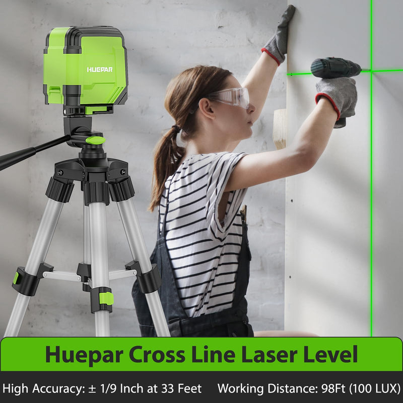 Laser Level, Huepar Self Leveling Laser Level Green Cross Line Laser Level Tool for Picture Hanging, Construction and Decoration Indoor Projects, Magnetic Base, Battery, Carrying Bag Included GK011DG