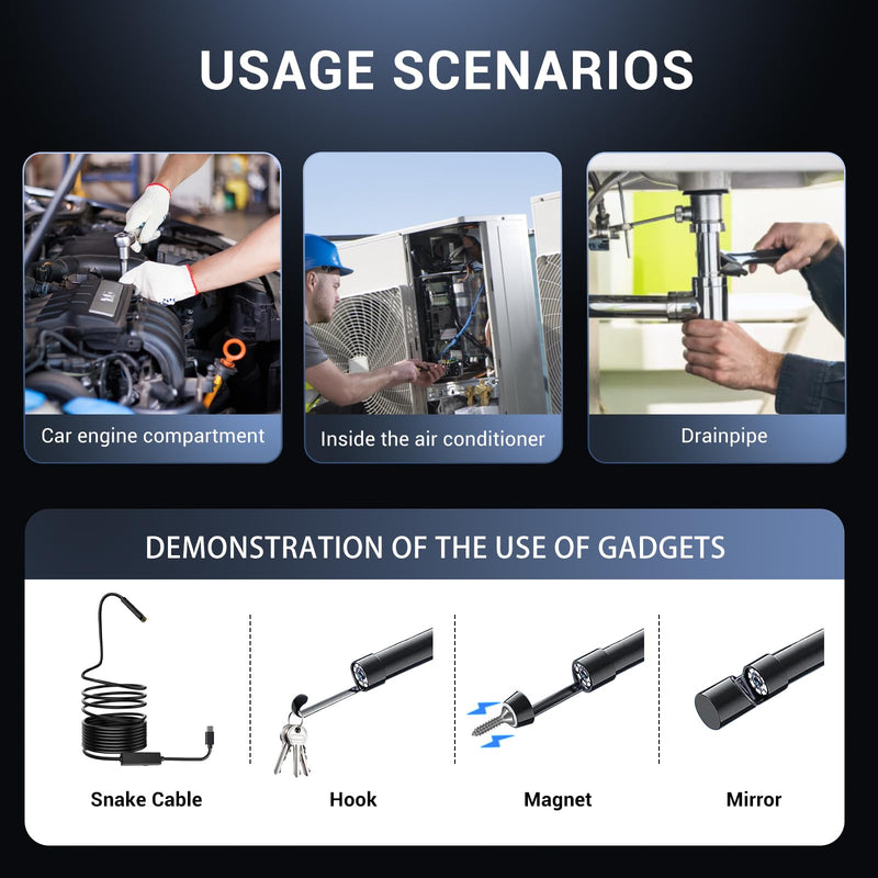 [Australia - AusPower] - Borescope Endoscope Camera with Light for Iphone: 1920P HD Inspection Camera with 8 Adjustable Led Lights, 16.4ft Semi-Rigid IP67 Waterproof Bore Scope Snake Cameras for Android 