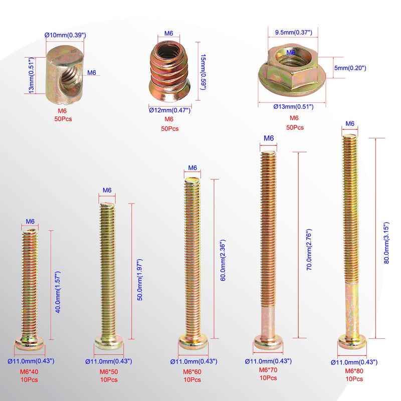 [Australia - AusPower] - Aopin Crib Baby Bed Furniture Screws and Barrel Nuts/Insert Nut/Flange Nut, 200-Pcs M6 x 40/50/60/70/80 mm Hex Drive Socket Cap Bolts & Nuts, with Storage Box, Tools Set Kit for Furniture Hardware M6 Screws + Barrel Nuts Insert Nuts Flange Nuts 