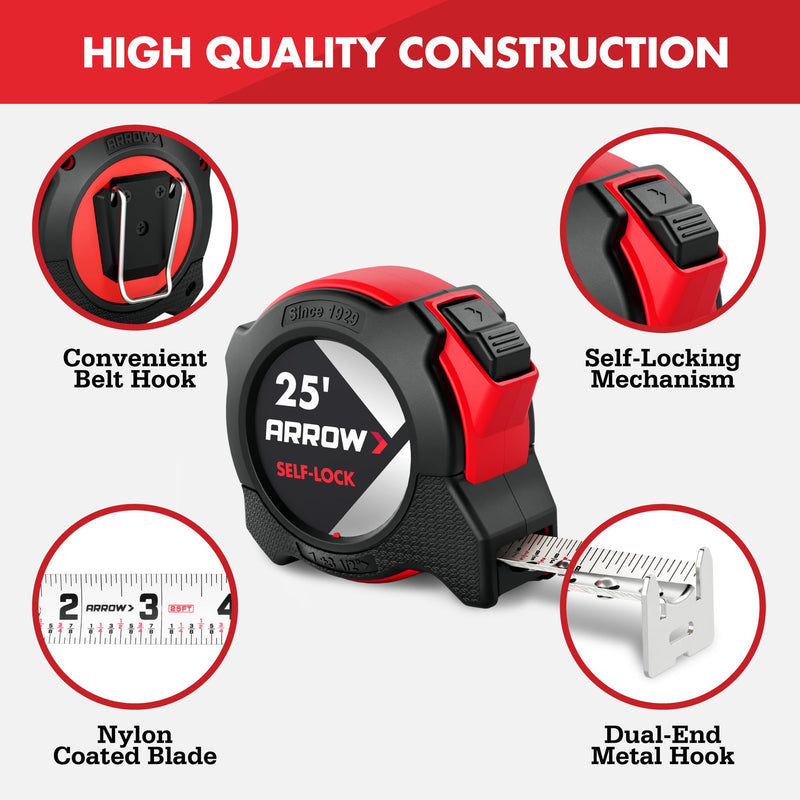 Arrow 25FT Auto-Lock Tape Measure, 2PCS Easy Read Measuring Tape with Fractions 1/8″, Double Sided Measurement Tape with 1″ Blade, Belt Clip, Dual-End Metal Hook, and Rubber Protective Casing 2