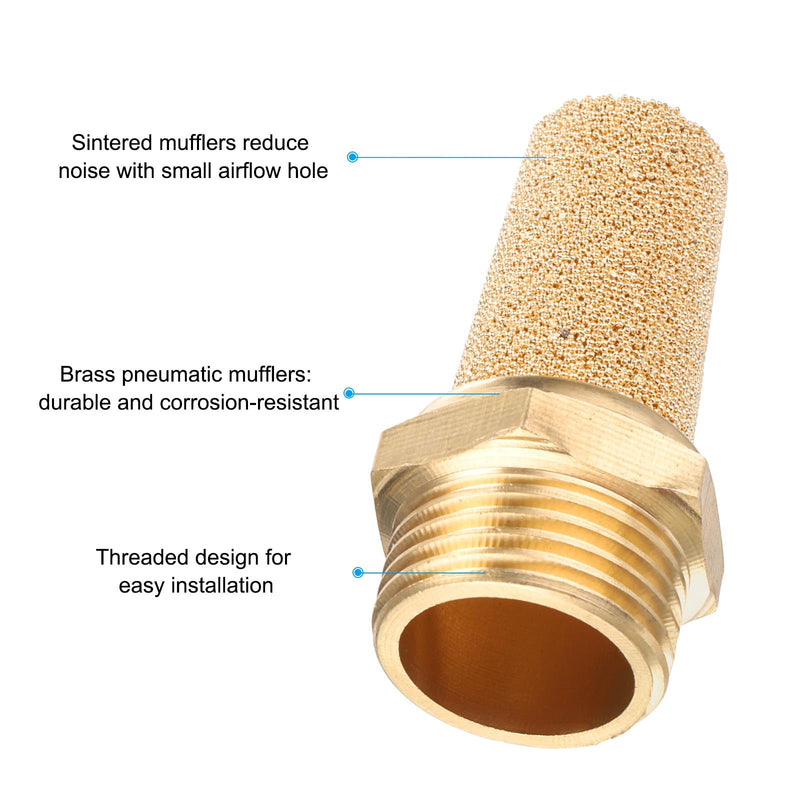 PATIKIL Compressed Air Silencer G 3/8, 2-Pack Sintered Bronze Brass Air Compressor Exhaust Silencer Filter Air Solenoid Valve Muffler Fit for, Golden