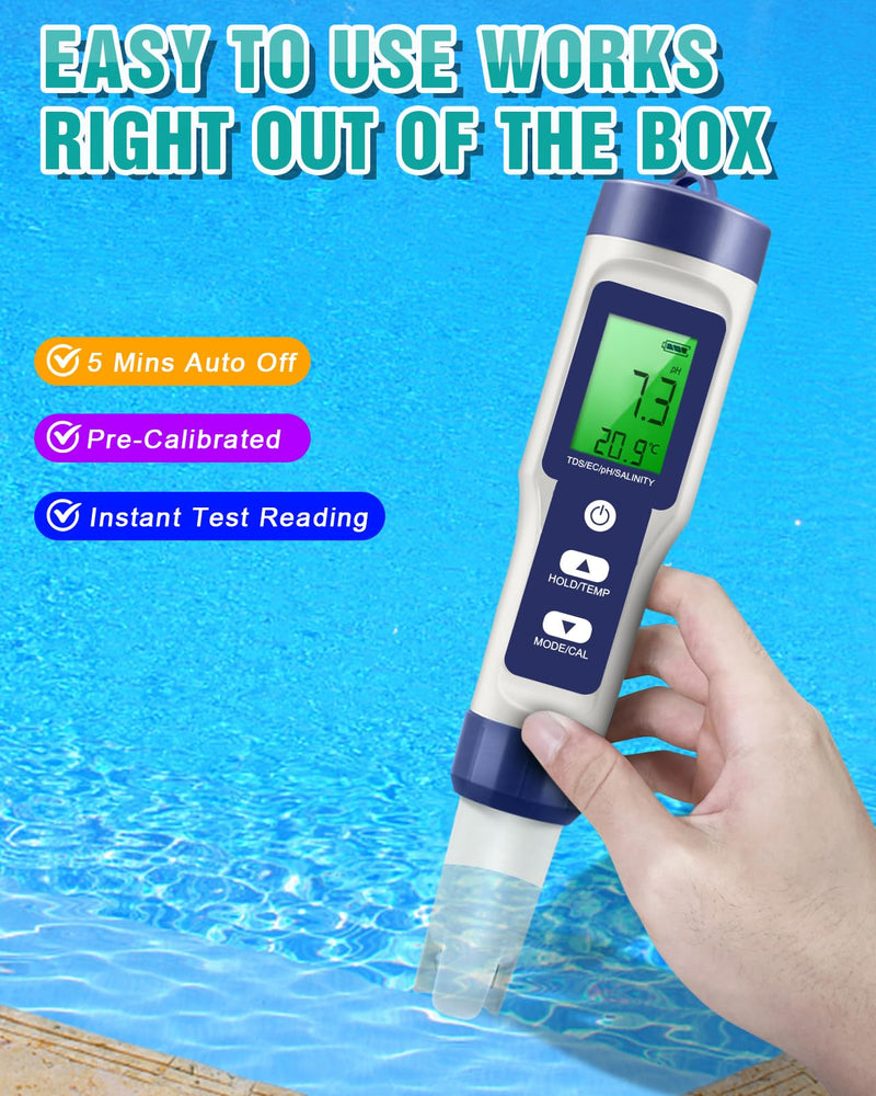 [Australia - AusPower] - 6 in 1 TDS Meter & PH Tester, 0.01 High Accuracy Pool Salt Tester PH Meter for Water, Water PH/TDS/EC/Salt/Temperature Tester(°F/℃), PPM Meter for Drinking Water, Hydroponics, Aquarium and Pool 
