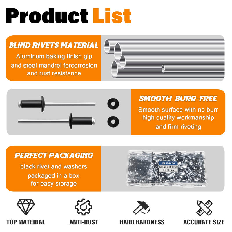 [Australia - AusPower] - 250pcs 1/8" x 3/8" Black Aluminum Pop Rivets with Stainless Steel Washers 3.2 x 10mm Blind Rivet Assortment Kit 1/8*3/8 