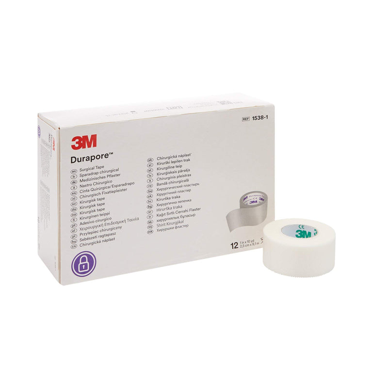 3M Durapore Medical Tape, Non-Sterile, Silk-Like Cloth, White, 1 in x 10 yds, 12 Rolls, 1 Pack 1 inch x 10 yard (2,5cm x 9,1m), 12 Rolls/Box