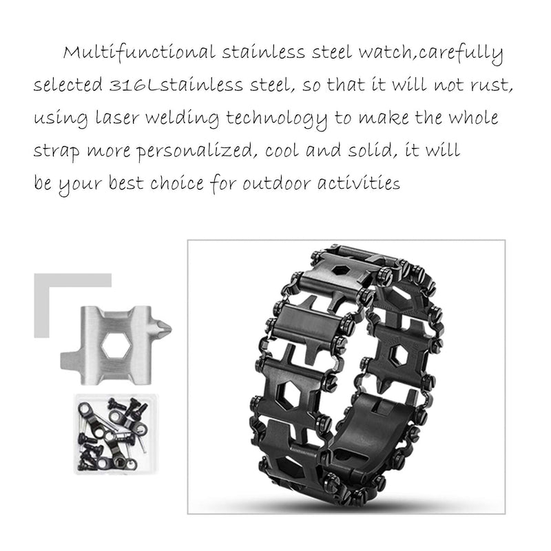Stainless Tool Bracelet for Men Compatible for LEATHERMAN TREAD and Watch Band 29 in 1 Survival Hiking Camping Travel Friendly Multitools Wearable Bracelet 22mm Black