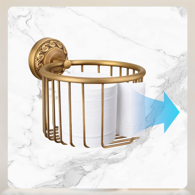 Vintage Wall-Mounted Toilet Paper Holder with Wire Basket Design, Antique Brass, Wall-Mounted Bath Hand Towel Holder with Braiding Carvings, Vintage Style. Gold Carved Hanging Basket