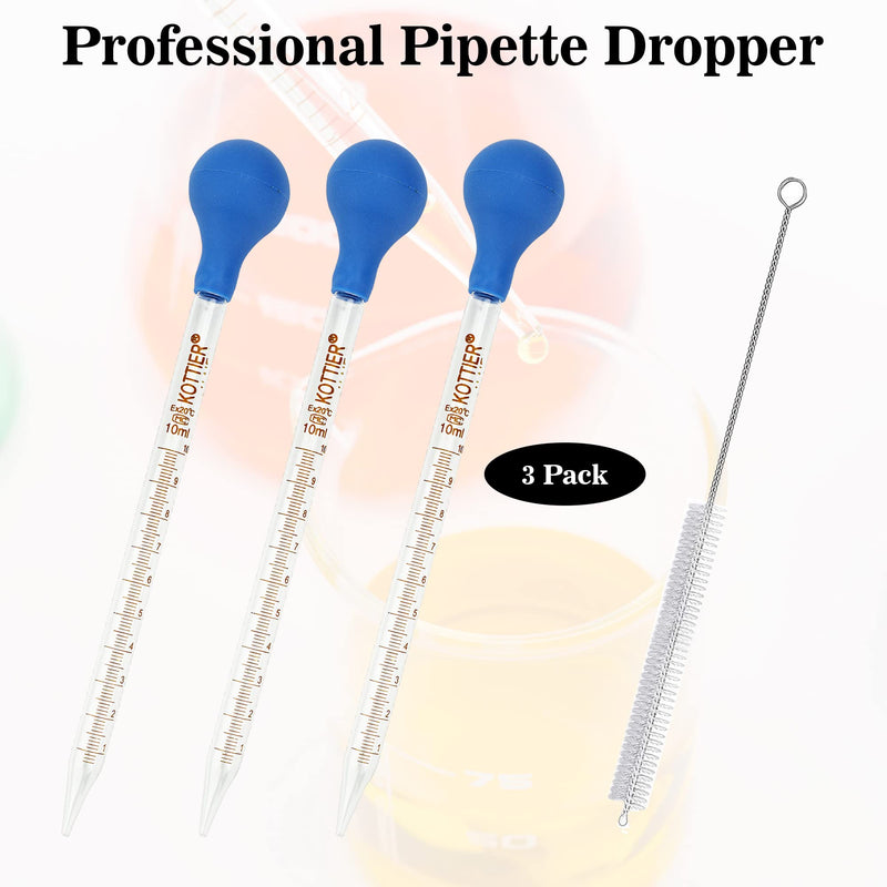 [Australia - AusPower] - 3Pcs Glass Pipettes Dropper, 10ml Graduated Liquid Dropper with Rubber Bulb and Cleaning Brush, Transfer Pipettes for Essential Oil 