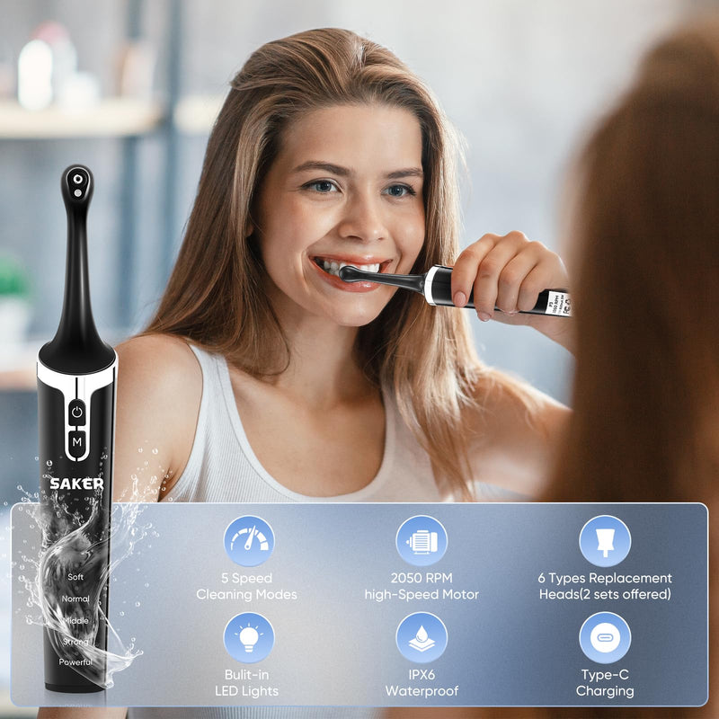 [Australia - AusPower] - Saker Tooth Polisher, 2 Set Replacement Polishing Brush Heads(12pcs) Included, Rechargeable Tooth Polishing Kit, Dental Teeth Polisher with LED Light, 5 Speed Modes, Waterproof 