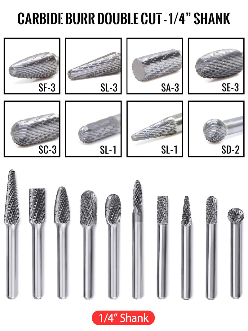 [Australia - AusPower] - Tungsten Carbide Burr Set 1/4" Shank 10Pcs Die Grinder Bits - Double Cut Rotary Burr for Metal Deburring, Finishing, Carving, Grinding, Polishing, Engraving, Drilling 1/4"Shank 10PC 
