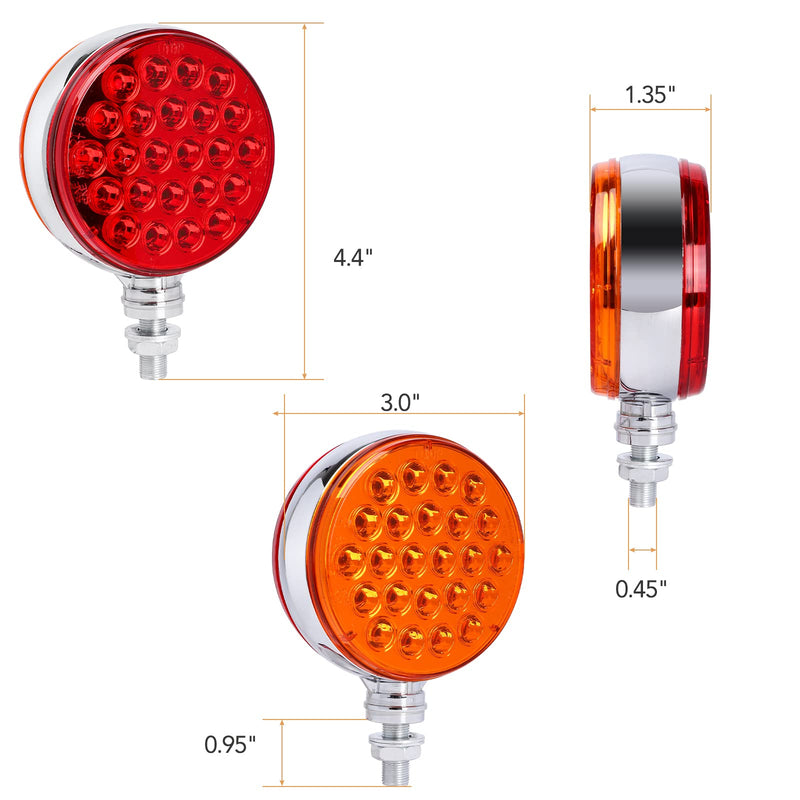 [Australia - AusPower] - 2pcs 4 Inch Amber Red Round Double-Face Pedestal Fender Light with Stud Mount, 48 LED Stop Turn Tail Signal Trailer Light for Semi Truck Peterbilt Kenworth Freightliner Towing Dual-Face Waterproof 