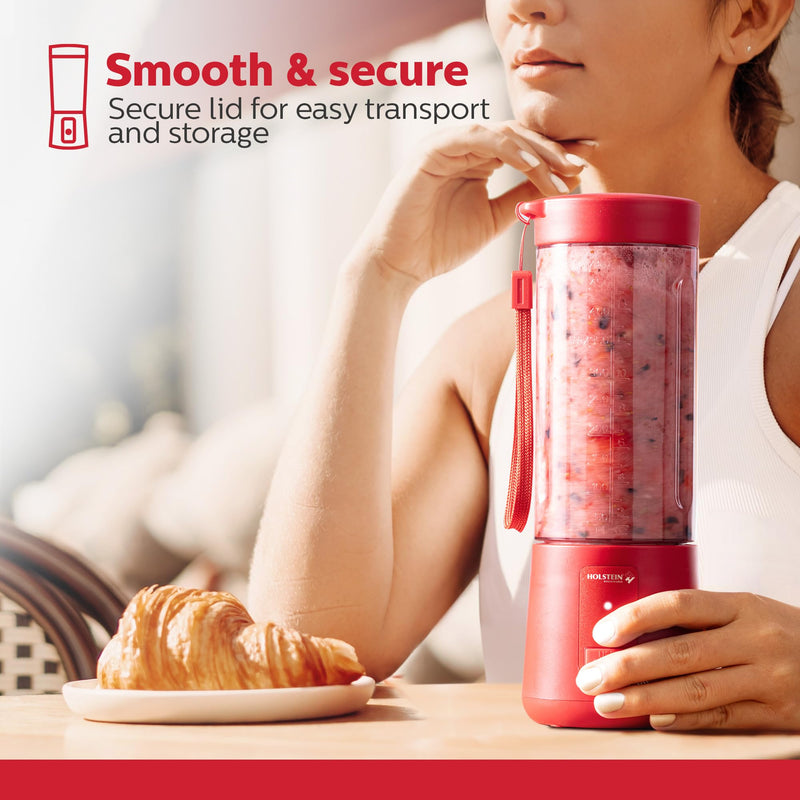 [Australia - AusPower] - Holstein Housewares - USB Portable Blender, 16oz Personal Smoothie & Shake Maker with Rechargeable Battery, Type-C Fast Charging, Spill-Free Lid & Indicator Light - Red 
