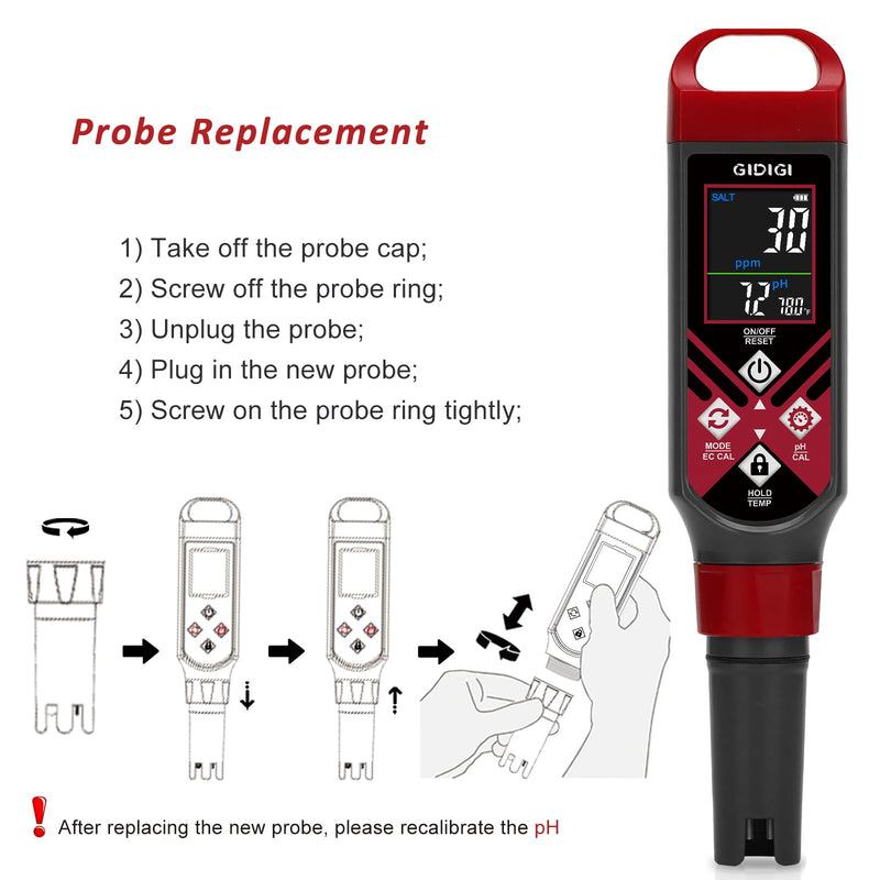 [Australia - AusPower] - pH Meter Replaceable Probe for GIDIGI Pool Salt Tester with 2 * 250ml pH 7.0 Calibration Solution Kits 
